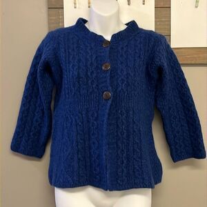 Carraigdonn Made in Ireland Blue Fit Flare Cable Knit Merino Wool Cardigan-Small